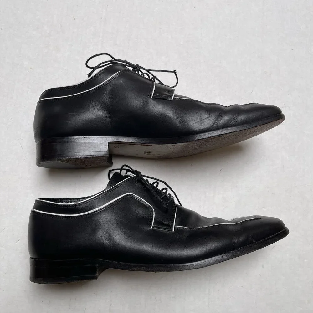 Valentino Mens Sz 12 Oxford Dress Shoes Black Leather White Trim Lace Up Wedding